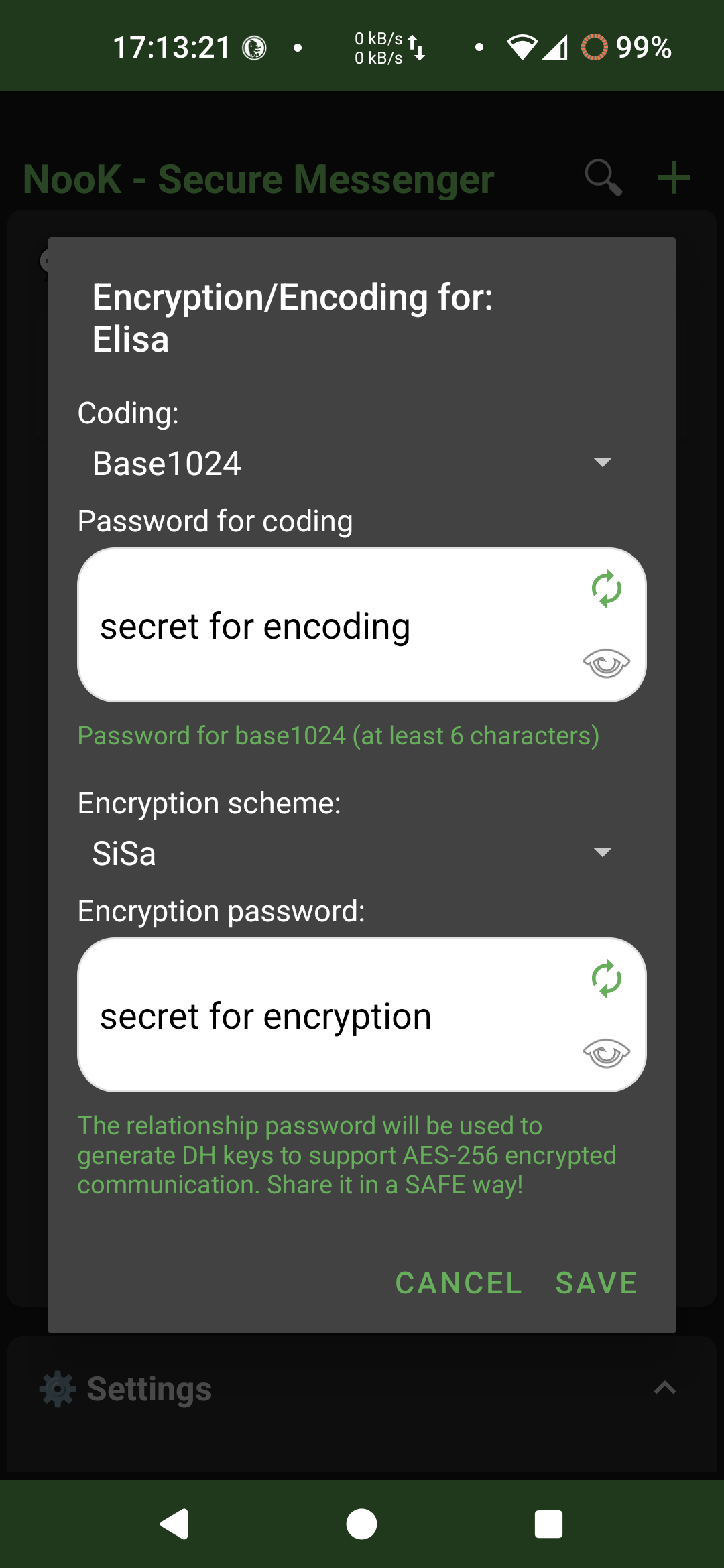NooK Encryption Settings